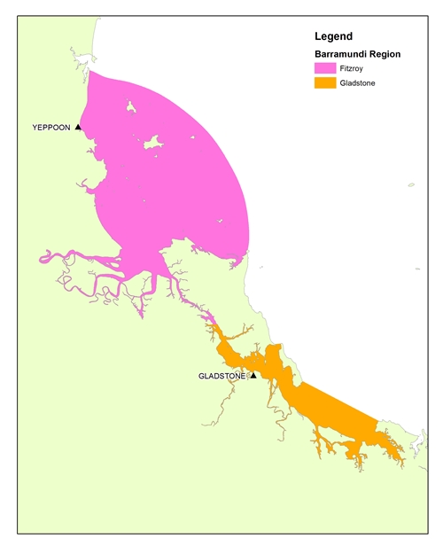 Fitzroy River and Gladstone Harbour biological sampling regions for Barramundi within the Central East Coast genetic stock.