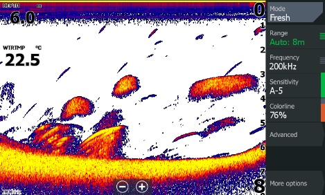 Sonar images of large fish and bait balls near a fish attracting device in Cressbrook Dam
