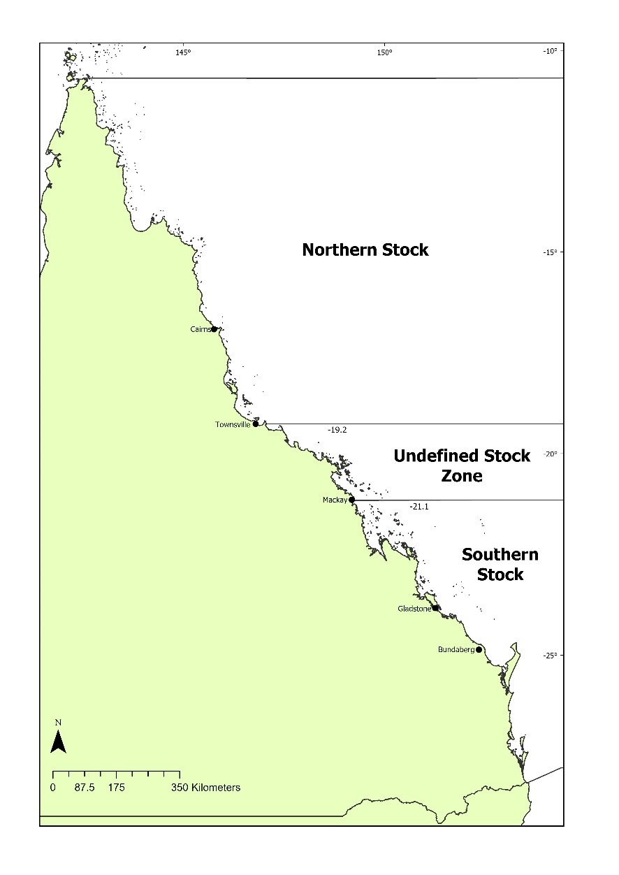  Map of Queensland showing the distribution of grey mackerel stocks and the undefined stock zone on the east coast.