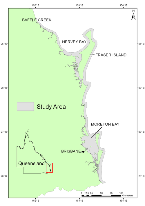 Map of Queensland showing study area of Sea Mullet.