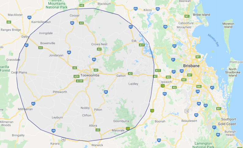 Map showing circle of around 160km in diameter with Toowoomba as centre point