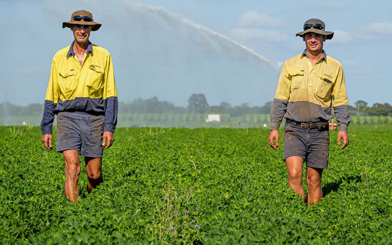 Two men dressed in farm work clothes and hats walking in a green field